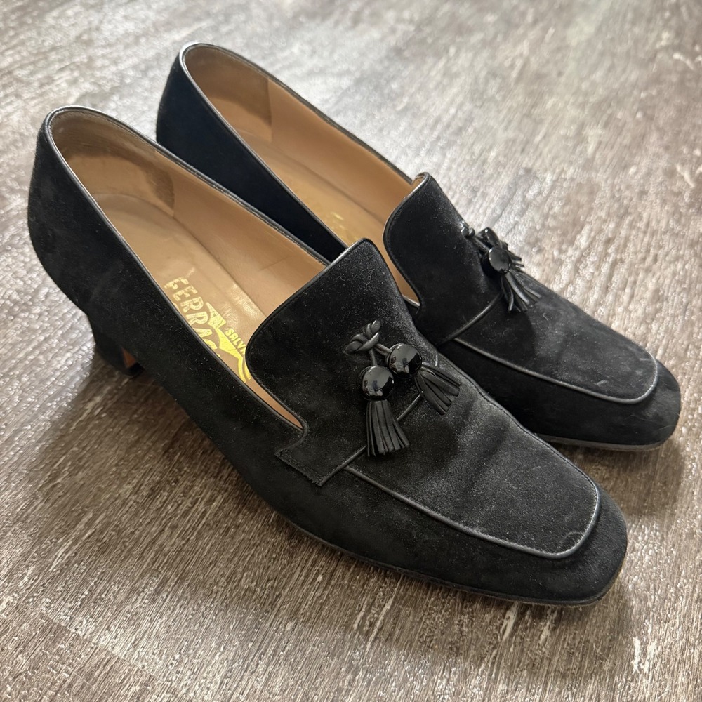 Salvatore Ferragamo Loafer Pump Women 9 Black Suede Tassel Square Toe Block Heel - Picture 2 of 8